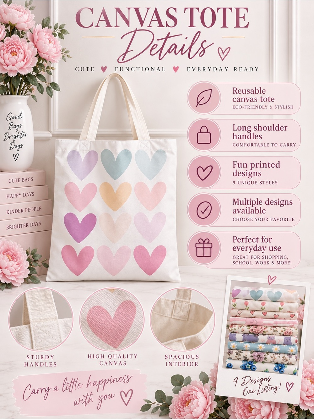 Canvas Tote Bag Cute Reusable Shopping Bag Floral Heart Cat Daisy- Choose 1 - Picture 5 of 6